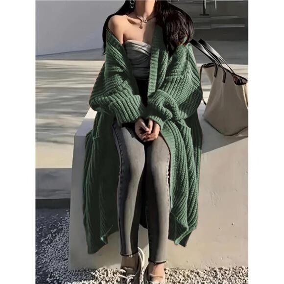 Womens Long Cardigan Sweaters Open Front Oversized Green - Picture 5 of 5